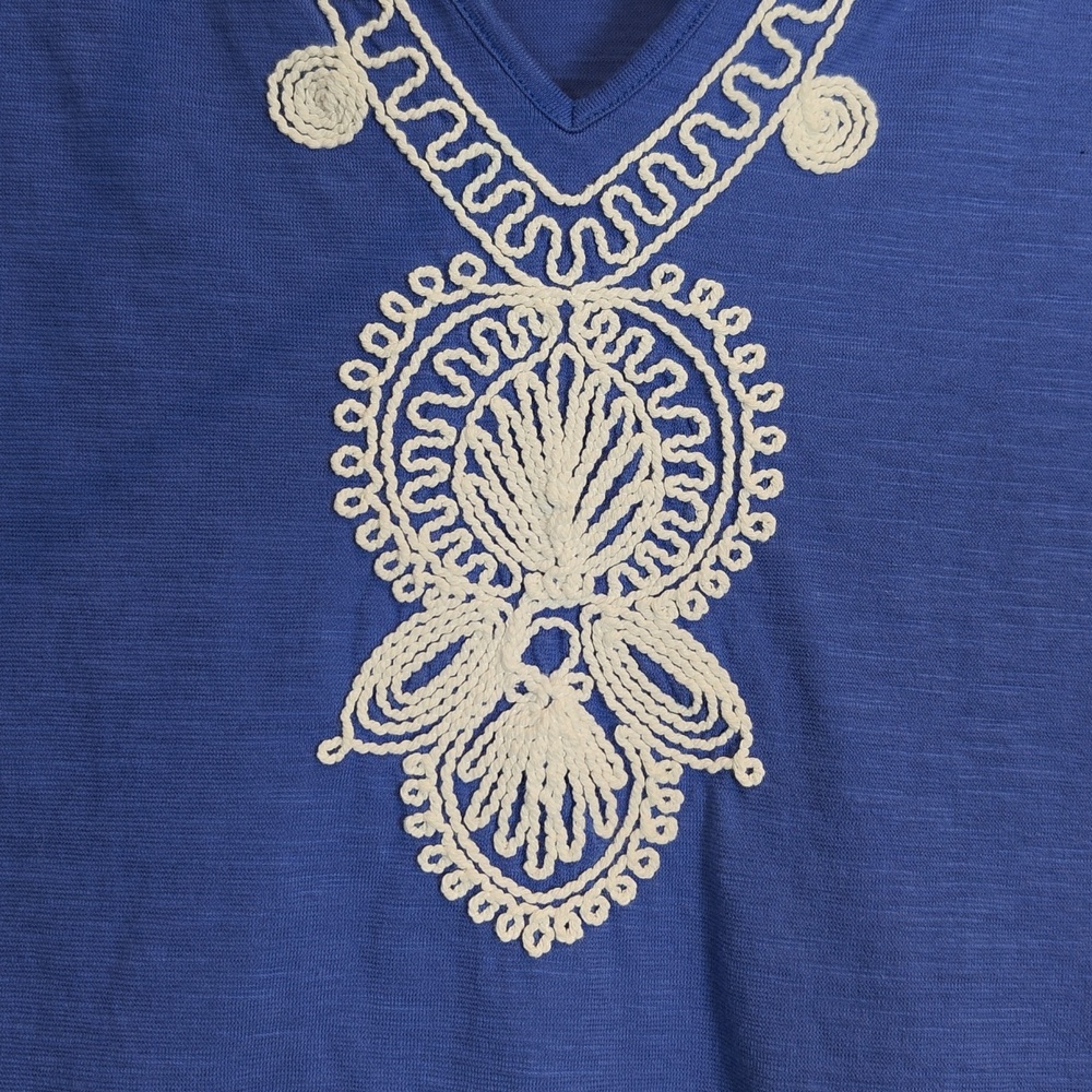 LILLY PULITZER Blue Embroidered Tassel 3/4 Sleeve V-Neck Top Size Medium - Picture 7 of 15